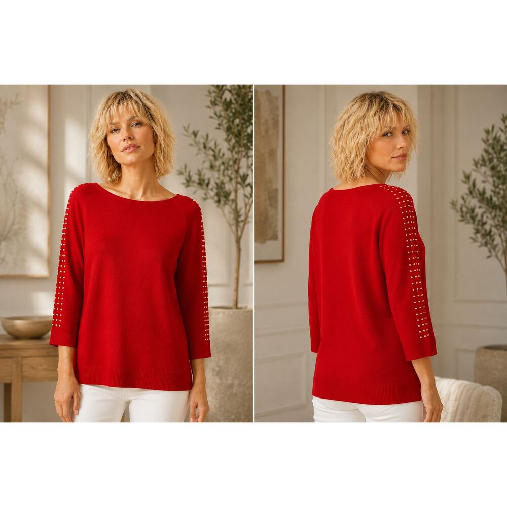 Calvin Klein Red w/Gold Studs On Sleeve Sweater Women’s Med 3/4 Sleeve Knit Top